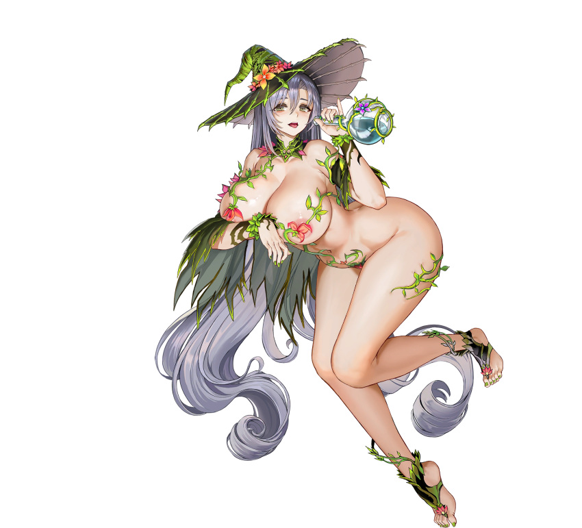 1girl :p @_@ absurdly_long_hair ass bangs bodypaint breasts circe_(last_origin) cleavage collar collarbone detached_collar feet flower flower_bikini full_body game_cg green_collar green_eyes green_footwear green_nails green_wristband groin hair_between_eyes hat highres huge_breasts last_origin leaf long_hair looking_at_viewer nail_polish navel nude official_alternate_costume official_art open_mouth plant potion purple_flower red_flower solo straddling tachi-e taesi toeless_footwear tongue tongue_out transparent_background very_long_hair vines witch witch_hat wristband