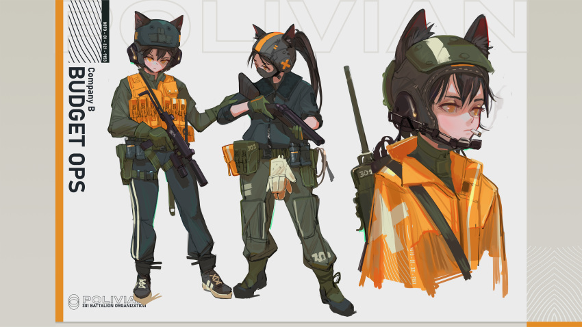 2girls absurdres ammunition_pouch animal_ears black_hair bulletproof_vest cat_ears cigarette flashbang gloves gun hand_on_arm handgun headset helmet highres laser_sight multiple_girls original pants polilla ponytail pouch radio sawed-off_shotgun shoes short_hair shotgun smoking sneakers steyr_tmp submachine_gun suppressor track_pants trigger_discipline weapon