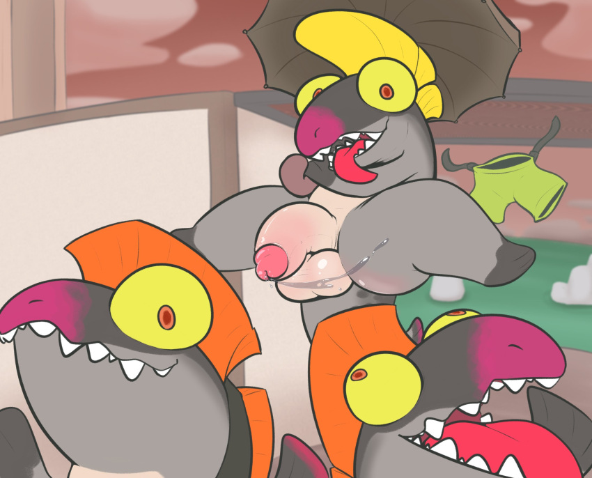 anthro balls bodily_fluids bottomless clothed clothing drizzler_(splatoon) fish genital_fluids genitals group hi_res male marine mohawk nintendo nude pants_off penis precum rabblet red_eyes salmonid_(splatoon) splatoon tongue tongue_out trio video_games yellow_sclera