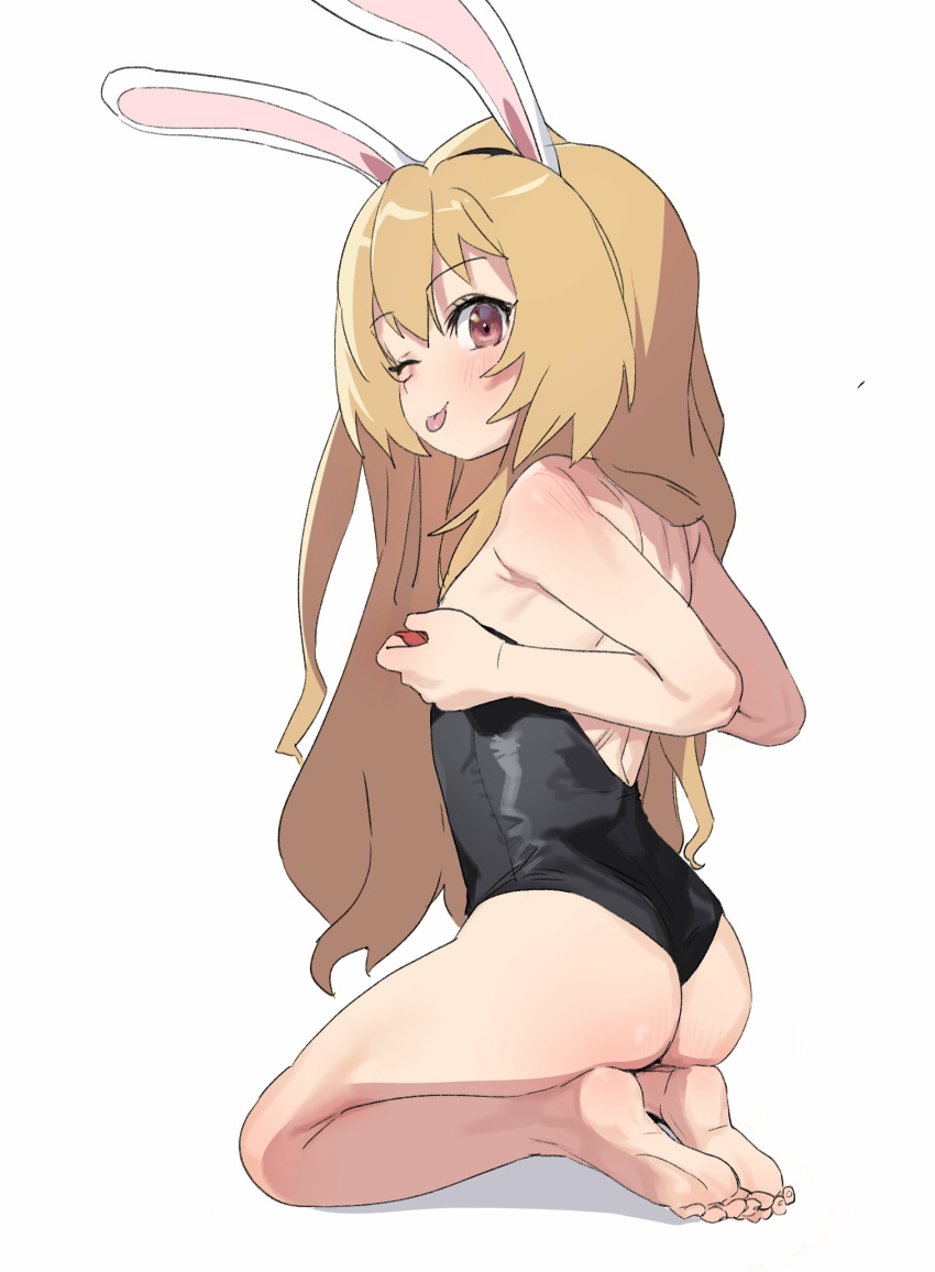 1girl absurdres aisaka_taiga animal_ears ass bad_id bad_twitter_id bangs bare_back bare_shoulders barefoot blush dorontabi fake_animal_ears feet highres kneeling light_brown_hair long_hair looking_at_viewer looking_back one_eye_closed playboy_bunny rabbit_ears red_eyes solo teasing toes tongue tongue_out toradora! white_background