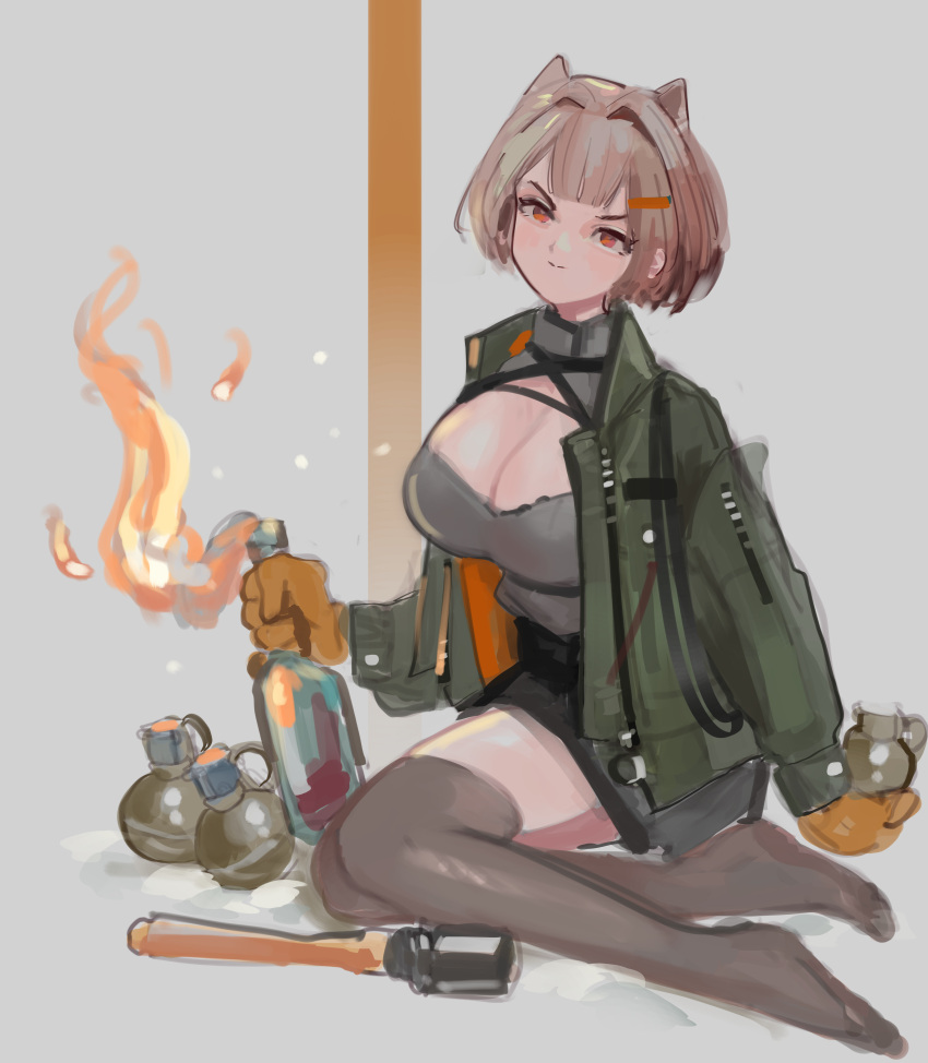 1girl absurdres animal_ear_fluff animal_ears breasts cleavage cleavage_cutout closed_mouth clothing_cutout explosive green_jacket grenade grey_hair grey_thighhighs hair_intakes hair_ornament hairclip highres jacket large_breasts long_sleeves looking_at_viewer molotov_cocktail open_clothes open_jacket original polilla red_eyes short_hair smile solo thighhighs