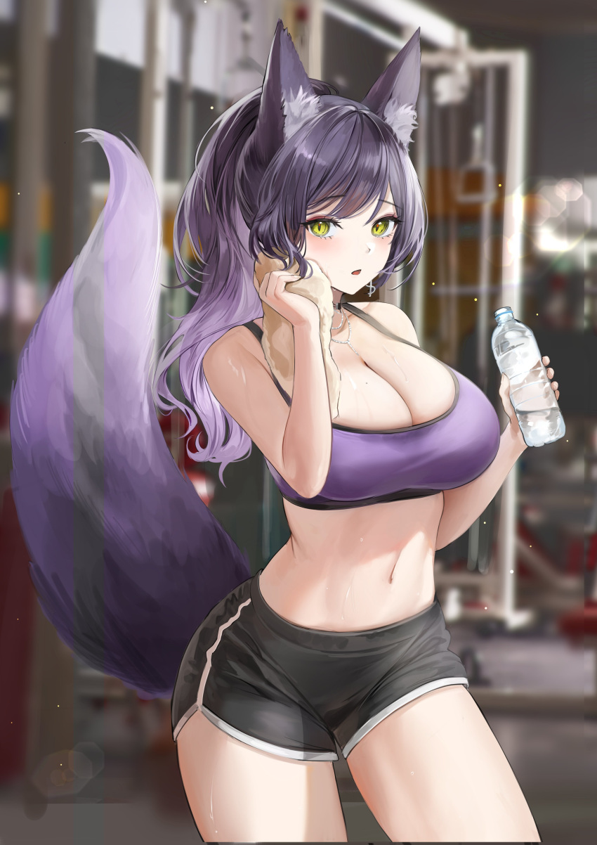 1girl absurdres animal_ear_fluff animal_ears bangs black_shorts blurry blurry_background bottle breasts cleavage commission dolphin_shorts earrings fox_ears fox_tail gym highres holding holding_bottle holding_towel indoors jewelry korean_commentary large_breasts lillly long_hair looking_at_viewer navel original parted_lips ponytail purple_hair purple_sports_bra purple_tail short_shorts shorts sidelocks solo sports_bra stomach sweat tail tail_raised thighs towel water_bottle wiping_sweat yellow_eyes