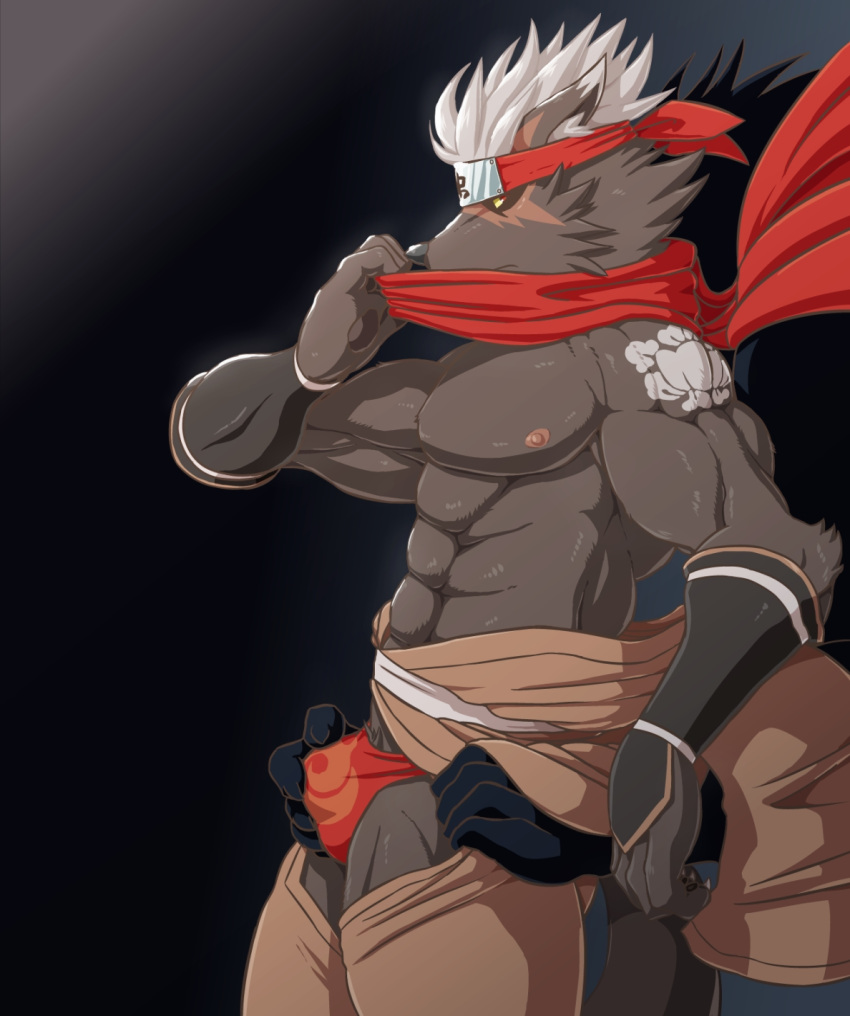 abs anthro asian_clothing bulge burn_scar canid canine chaps clothed clothing east_asian_clothing fundoshi grope groping_crotch groping_from_behind hair hi_res japanese_clothing lifewonders male mammal muscular muscular_anthro muscular_male nipples red_eyes scar scarf silhouette tadatomo tattoo tokyo_afterschool_summoners topless underwear video_games white_hair yellow_sclera