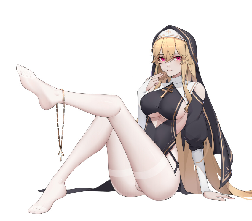 1girl alternate_costume azur_lane bangs barefoot blonde_hair blush breasts chinese_commentary closed_mouth cross cross_necklace feet full_body gloves hand_on_floor highres holding jewelry large_breasts leg_up legs lips long_hair looking_at_viewer necklace no_shoes nun on_floor pantyhose partially_fingerless_gloves purple_eyes richelieu_(azur_lane) sidelocks soles solo thighs underboob very_long_hair white_background white_gloves white_pantyhose wsfw
