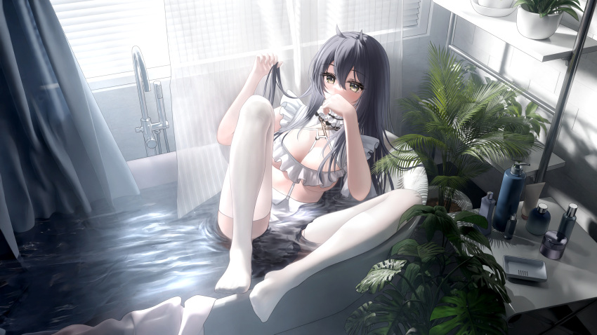 1girl absurdres azur_lane bath bathing bathroom black_hair breasts choker cleavage clothed_bath crotchless crotchless_pantyhose frilled_choker frills from_above full_body highres indomitable_(azur_lane) indomitable_(ms._motivationless_maid)_(azur_lane) large_breasts liht long_hair official_alternate_costume pantyhose plant potted_plant solo very_long_hair water white_pantyhose yellow_eyes