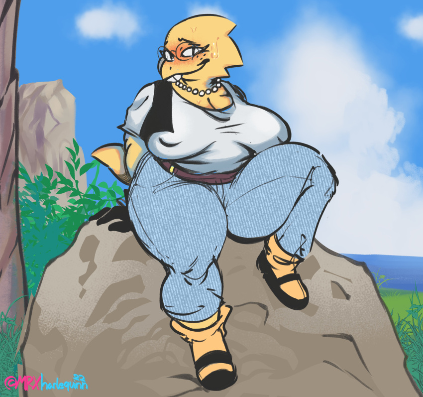 2022 absurd_res alphys android_18 anthro big_breasts blush bodily_fluids bottomwear breasts chubby_female cleavage clothed clothing cosplay denim denim_clothing dragon_ball dragon_ball_z eyewear female glasses hanging_breasts hi_res jeans lizard mrxharlequinn nipple_outline pants reptile scalie solo sweat undertale_(series)