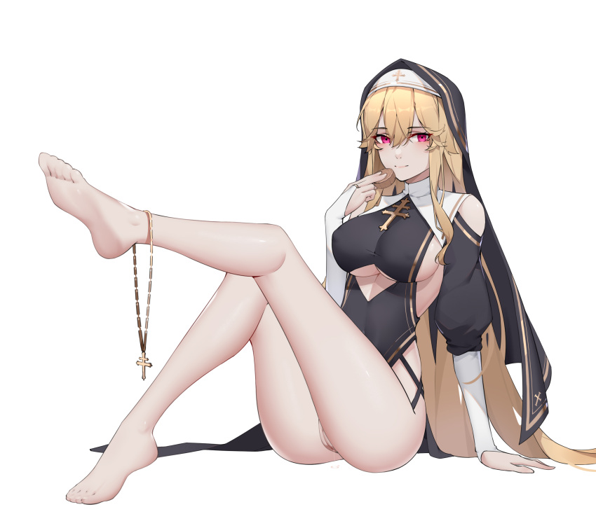 1girl alternate_costume azur_lane bangs bare_legs barefoot blonde_hair blush breasts chinese_commentary closed_mouth cross cross_necklace feet full_body gloves hand_on_floor highres holding jewelry large_breasts leg_up legs lips long_hair looking_at_viewer necklace nun on_floor partially_fingerless_gloves purple_eyes richelieu_(azur_lane) sidelocks soles solo thighs toes underboob very_long_hair white_background white_gloves wsfw