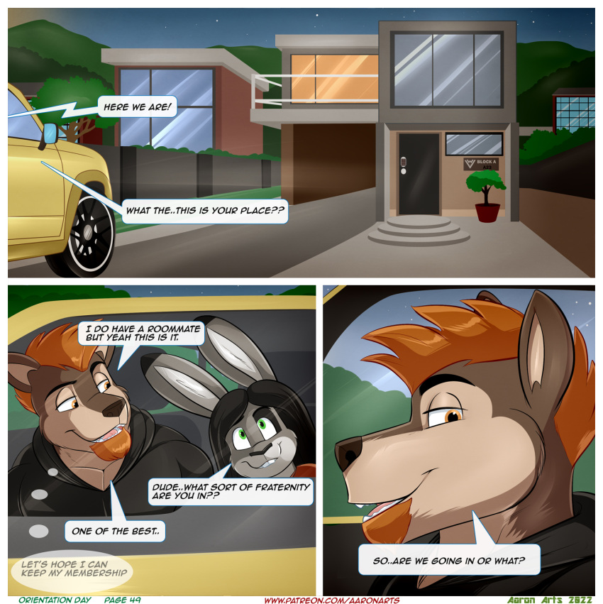 aaron_(artist) andy_porter anthro beard black_hair brown_body brown_fur building canid canine canis car comic dialogue duo english_text facial_hair fur green_eyes grey_body grey_fur hair hi_res house lagomorph leporid male mammal marcelo_(aaron) orange_hair rabbit text vehicle window wolf