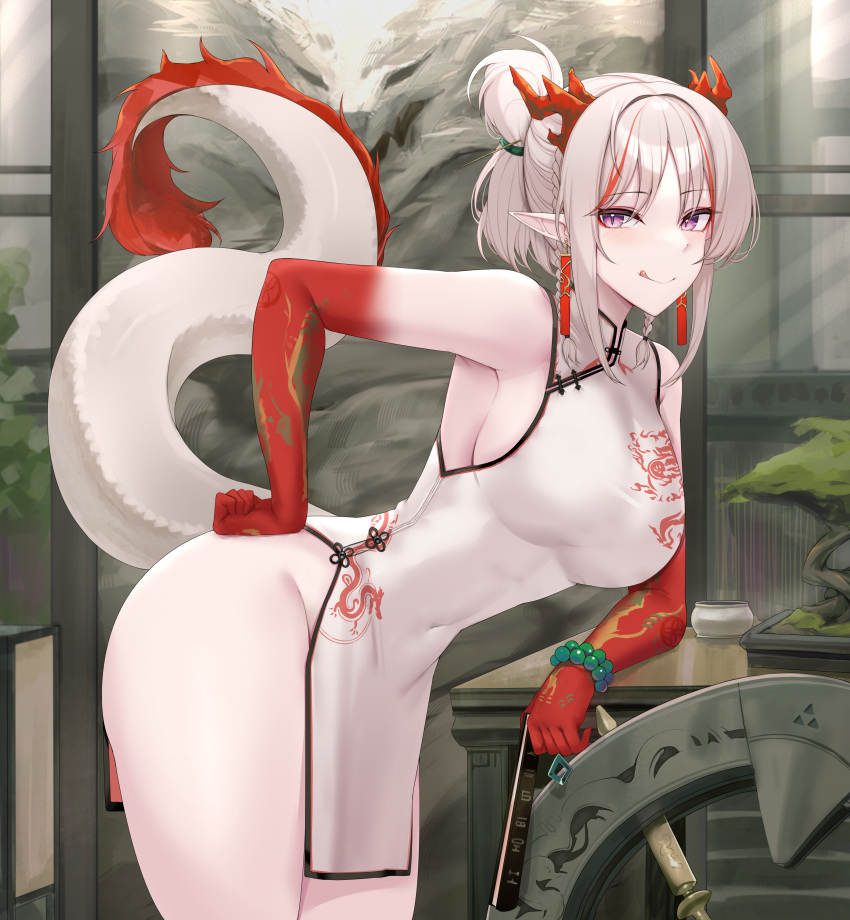 1girl absurdres against_table arknights bare_hips bare_shoulders beads bent_over braid breasts china_dress chinese_clothes colored_skin cowboy_shot dragon_girl dragon_horns dragon_tail dress earrings english_commentary flame-tipped_tail from_side gradient_skin grey_hair hand_fan hand_on_hip highres horns jewelry kanta_(kanta_077) large_breasts licking_lips long_hair looking_at_viewer multicolored_hair nian_(arknights) nian_(unfettered_freedom)_(arknights) no_panties pelvic_curtain pointy_ears purple_eyes red_horns red_skin sideboob sidelocks slit_pupils smile solo streaked_hair tail tassel tassel_earrings thighs tongue tongue_out