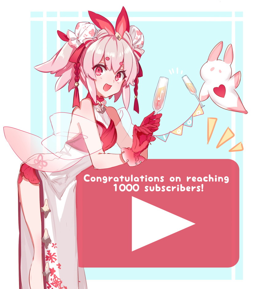 absurdres bangs congratulations crop_top dress english_text glasses gloves highres indie_virtual_youtuber macchoko open_mouth original pink_dress pink_eyes pink_hair pink_shirt rabbit ryuhyo_rione shirt short_twintails simple_background thick_eyebrows twintails virtual_youtuber white_dress