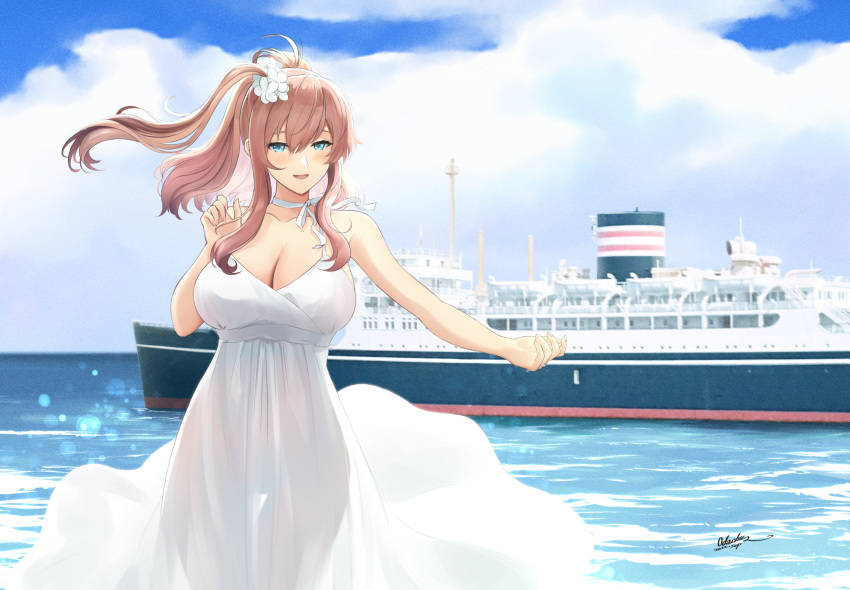 1girl blue_eyes blush breasts brown_hair cleavage collarbone day dress hair_between_eyes highres kantai_collection large_breasts long_hair odachu open_mouth saratoga_(kancolle) ship side_ponytail signature smile solo upper_body watercraft white_dress