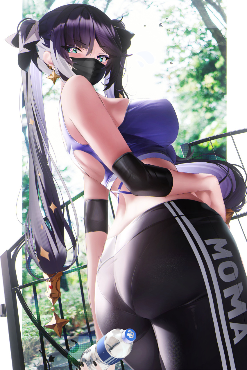 1girl absurdres alternate_costume ass black_hair black_mask black_pants blurry blurry_background bottle breasts earrings fantongjun fence from_below from_side genshin_impact green_eyes hair_ribbon highres holding holding_bottle jewelry long_hair looking_at_viewer mask medium_breasts mona_(genshin_impact) mouth_mask pants pantylines parted_lips purple_sports_bra ribbon solo sparkle_hair_ornament sports_bra sportswear star_(symbol) star_earrings tree twintails water_bottle water_drop yoga_pants