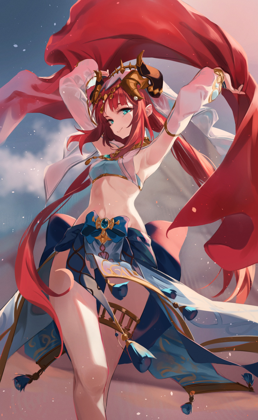 1girl absurdres aqua_eyes armpits arms_up back_bow bangs blue_gemstone blue_sky bow closed_mouth cloud commentary_request dancer feet_out_of_frame gem genshin_impact harem_outfit highres holding_cloth long_hair long_sleeves looking_at_viewer nilou_(genshin_impact) outdoors red_hair sky smile solo stomach tassel thigh_gap thighlet timo_wei95 veil vision_(genshin_impact) waist_bow white_headdress white_sleeves