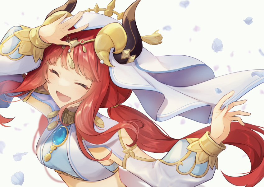 1girl ^_^ ^o^ arms_up bangs blunt_bangs breasts brooch closed_eyes crop_top detached_sleeves facing_viewer floating_hair forehead_jewel genshin_impact gold_trim happy highres jewelry long_hair long_sleeves low_twintails neck_ring nilou_(genshin_impact) open_mouth parted_bangs puffy_long_sleeves puffy_sleeves red_hair shirase_(shirose) simple_background small_breasts smile solo twintails vambraces veil white_background