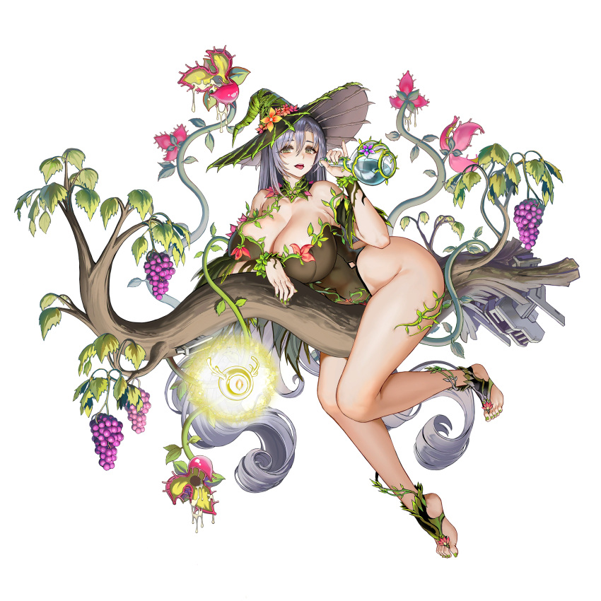 1girl :p @_@ absurdly_long_hair ass bangs black_leotard bodypaint branch breasts broom broom_riding carnivorous_plant circe_(last_origin) cleavage collar collarbone covered_navel detached_collar drone feet flower flower_bikini food fruit full_body game_cg glowing grapes green_collar green_eyes green_footwear green_nails green_wristband grey_hair groin hair_between_eyes hat highleg highleg_leotard highres huge_breasts last_origin leaf leotard long_hair looking_at_viewer machinery nail_polish official_alternate_costume official_art open_mouth plant potion purple_flower red_flower solo straddling tachi-e taesi toeless_footwear tongue tongue_out transparent_background very_long_hair vines witch witch_hat wristband