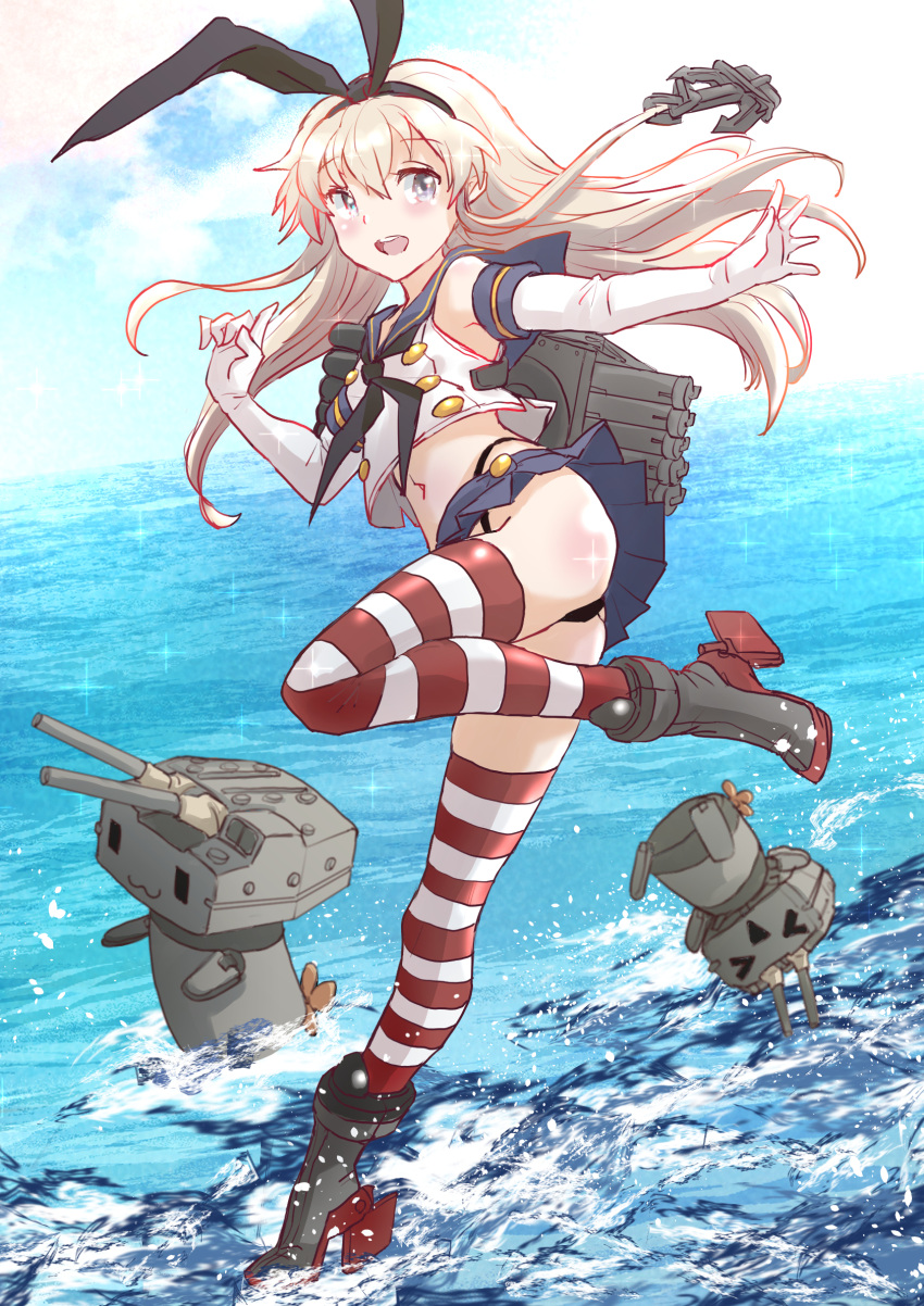 1girl anchor_hair_ornament black_hairband black_neckerchief black_panties blonde_hair blue_sailor_collar blue_skirt blue_sky cloud commentary_request crop_top day elbow_gloves fuji_(pixiv24804665) full_body gloves grey_eyes hair_ornament hairband highleg highleg_panties highres horizon kantai_collection long_hair looking_at_viewer machinery microskirt miniskirt neckerchief ocean outdoors panties pleated_skirt rensouhou-chan rudder_footwear sailor_collar shimakaze_(kancolle) skirt sky smile solo standing standing_on_one_leg striped striped_thighhighs thighhighs underwear white_gloves