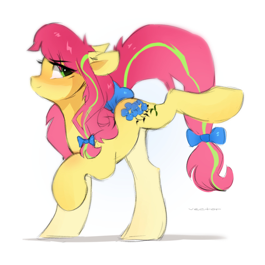 blue_accessory blue_ribbon cutie_mark earth_pony equid equine female feral fur green_eyes hair hasbro hi_res horse mammal mane my_little_pony pink_hair pink_mane pink_tail pony solo yellow_body yellow_fur zlatavector