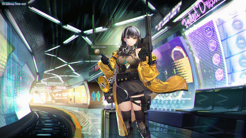 1girl 504_gateway artist_name black_gloves black_hair black_thighhighs breasts chromatic_aberration coat girls'_frontline gloves gun heterochromia highres holding holding_gun holding_weapon large_breasts long_hair looking_at_viewer official_art railroad_tracks red_eyes ro635_(girls'_frontline) solo subway_station thighhighs weapon yellow_coat yellow_eyes zettai_ryouiki