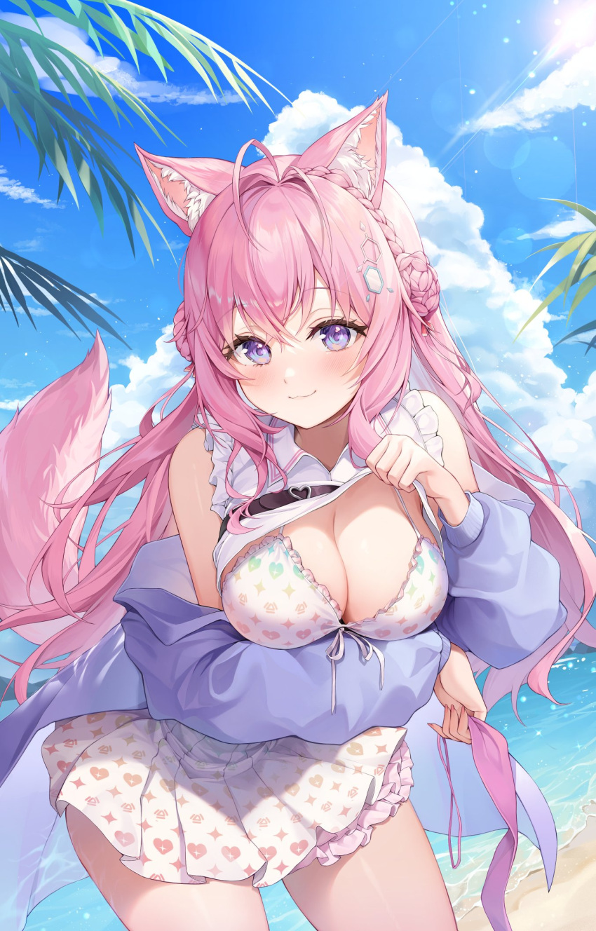 1girl :3 ahoge animal_ear_fluff animal_ears antenna_hair arm_under_breasts bangs bare_shoulders beach belt bikini bikini_top_only bikini_under_clothes black_belt blue_sky blush braid braided_bun breast_hold breasts chemical_structure chest_strap cleavage closed_mouth clothes_lift cloud collared_shirt contrapposto cowboy_shot coyote_ears coyote_girl coyote_tail crossed_bangs crown_braid day double_bun frilled_bikini frilled_shirt frills front-tie_top hair_between_eyes hair_bun hair_intakes hakui_koyori hatonaru525 heart heart_print hexagon_hair_ornament highres holding hololive jacket layered_skirt lens_flare lifted_by_self long_hair long_sleeves looking_at_viewer medium_breasts miniskirt ocean off_shoulder open_clothes open_jacket outdoors pink_hair pleated_skirt purple_eyes purple_jacket shirt shirt_lift skirt sky sleeveless sleeveless_shirt smile solo sparkle_print standing string_bikini sunlight swimsuit thighs virtual_youtuber white_bikini white_shirt white_skirt