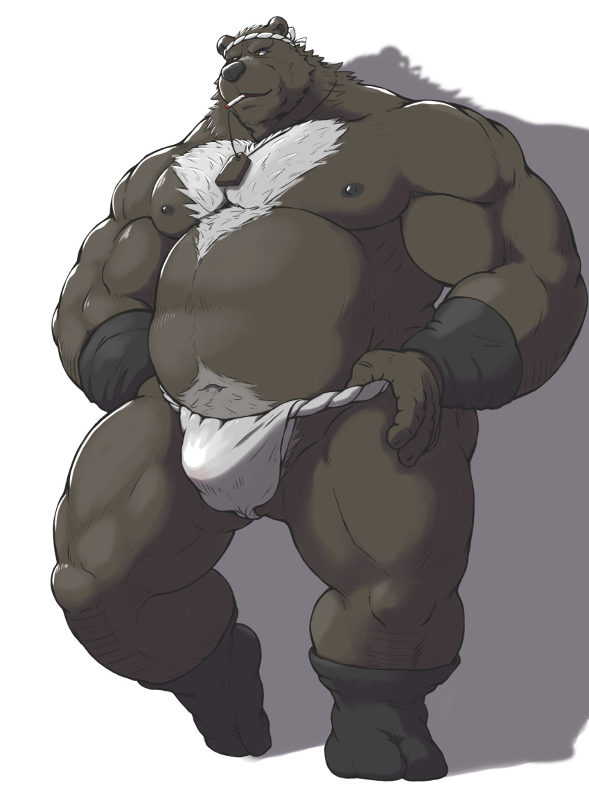 2022 anthro asian_clothing belly bulge clothing dendoro east_asian_clothing fundoshi hi_res humanoid_hands japanese_clothing kemono male mammal musclegut nipples overweight overweight_male smoking solo underwear ursid white_clothing white_fundoshi white_underwear