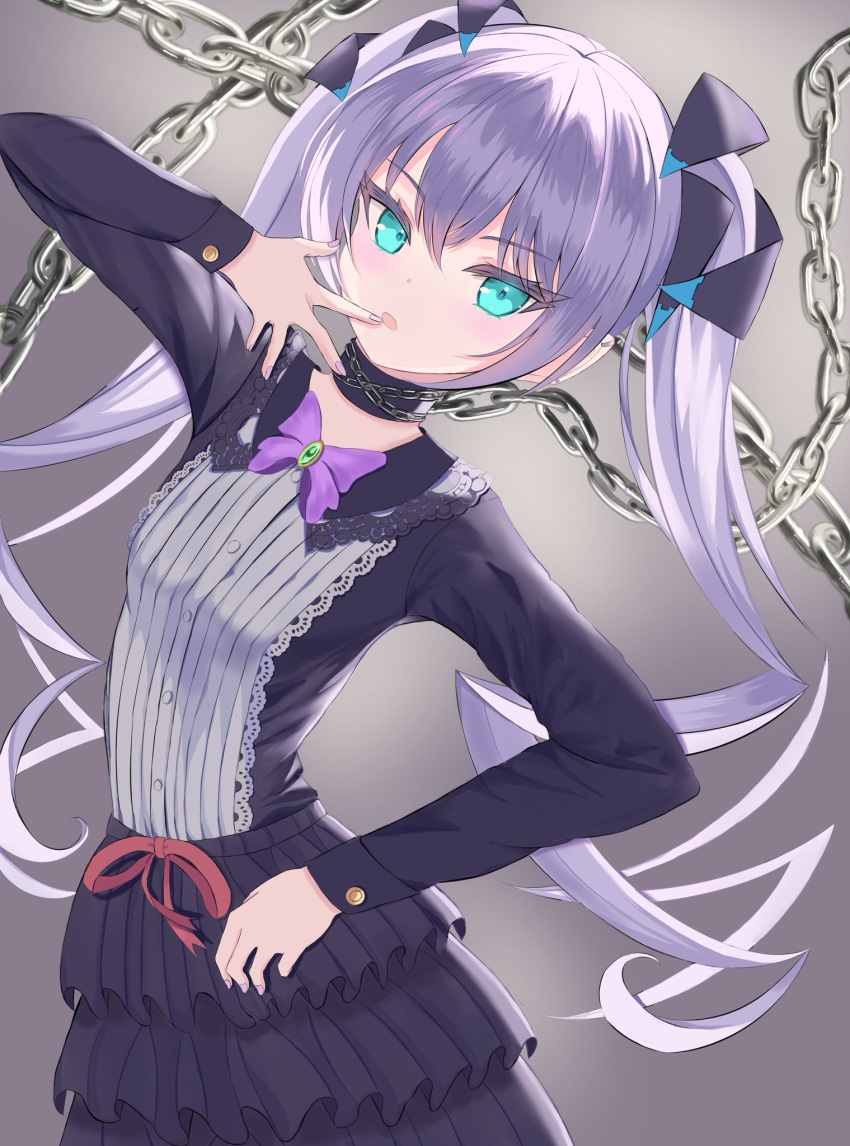 1girl alternate_costume bangs black_bow black_choker black_dress black_ribbon blue_eyes blush bow chain choker collarbone dress flat_chest grey_background grey_hair hair_ribbon highres leaning_to_the_side looking_at_viewer muvluv muvluv_alternative muvluv_alternative_(anime) open_hand open_mouth red_ribbon ribbon solo takka_(tktk1111111) twintails yashiro_kasumi