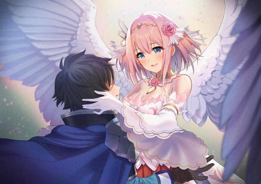 1boy 1girl angel_wings bare_shoulders black_hair blue_eyes blush breasts cleavage crying detached_sleeves elbow_gloves gloves highres holding_another's_head kokonobe medium_breasts pink_hair princess_connect! short_hair smile wings yui_(princess_connect!) yuuki_(princess_connect!)