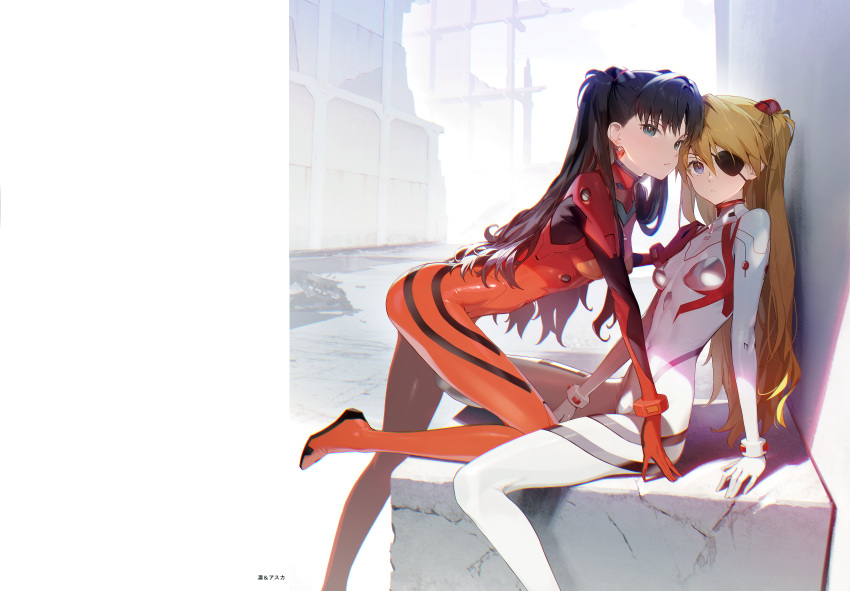 2girls absurdres black_hair blue_eyes bodysuit breasts closed_mouth cosplay covered_navel crossover earrings evangelion:_3.0+1.0_thrice_upon_a_time eyepatch fate/stay_night fate_(series) foot_out_of_frame hairpods hairstyle_connection hand_on_another's_shoulder highres jewelry leaning_forward light_brown_hair look-alike multiple_girls neon_genesis_evangelion one_knee plugsuit rebuild_of_evangelion red_bodysuit scan siino sitting small_breasts souryuu_asuka_langley souryuu_asuka_langley_(cosplay) tight tohsaka_rin white_bodysuit