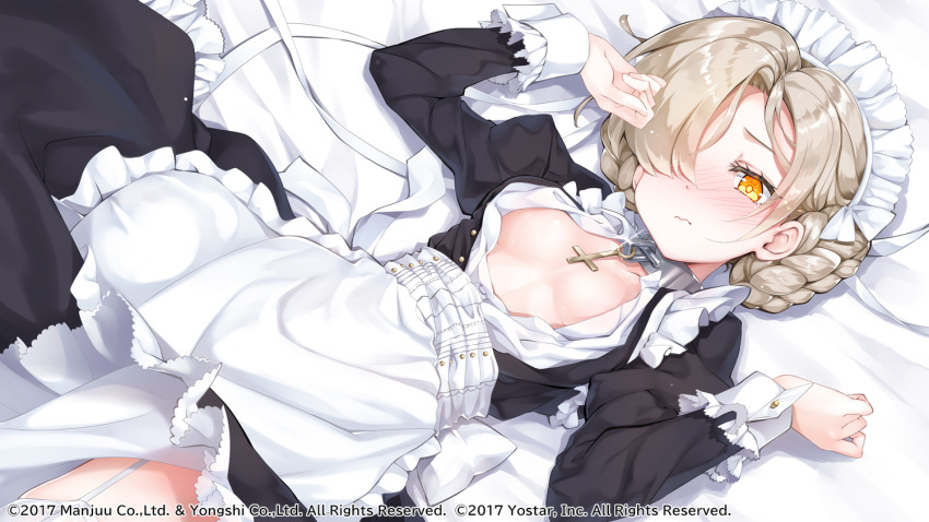 1girl apron arm_up azur_lane bed_sheet black_dress blush braid breasts closed_mouth commentary_request cross dress frilled_apron frilled_dress frills hair_over_one_eye hand_up juliet_sleeves latin_cross light_brown_hair long_sleeves lying maid maid_headdress moeki_yuuta nose_blush official_art on_back open_clothes open_shirt orange_eyes pill puffy_sleeves sheffield_(azur_lane) shirt short_hair small_breasts solo wavy_mouth white_apron white_shirt