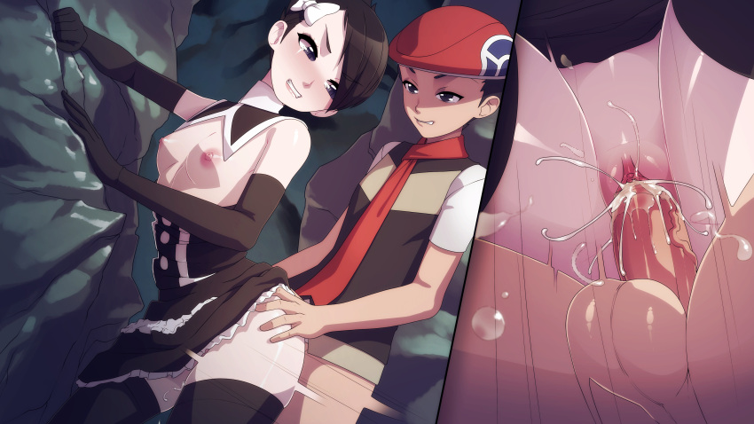 1boy 1girl absurdres black_gloves black_hair black_thighhighs blsh bow breasts character_request clenched_teeth cum cum_in_pussy elbow_gloves gloves gothic_lolita hair_bow hat highres lolita_fashion marley_(pokemon) nipples no_panties penis pokemon pokemon_(game) pokemon_dppt pussy rape red_scarf scarf sex short_hair small_breasts tears teeth thighhighs uncensored vaginal white_bow zettai_ryouiki