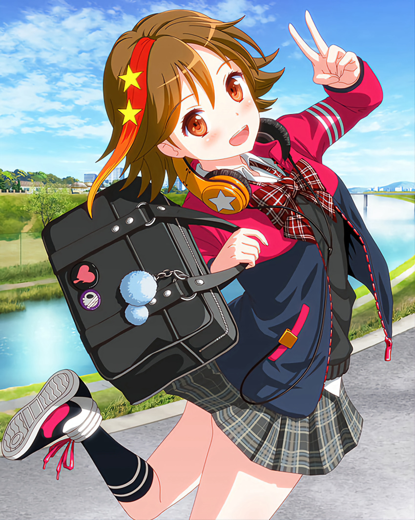1girl :d absurdres bag bag_charm black_shirt black_socks blue_sky bow brown_hair charm_(object) cloud day hair_ornament headphones headphones_around_neck highres holding holding_bag idol_wars_z jacket jpeg_artifacts looking_at_viewer multicolored_hair outdoors plaid plaid_bow plaid_skirt red_bow red_hair school_bag school_uniform shirt shoes short_hair skirt sky smile sneakers socks star_(symbol) star_hair_ornament streaked_hair third-party_source twisted_torso v water yaotome_fuka