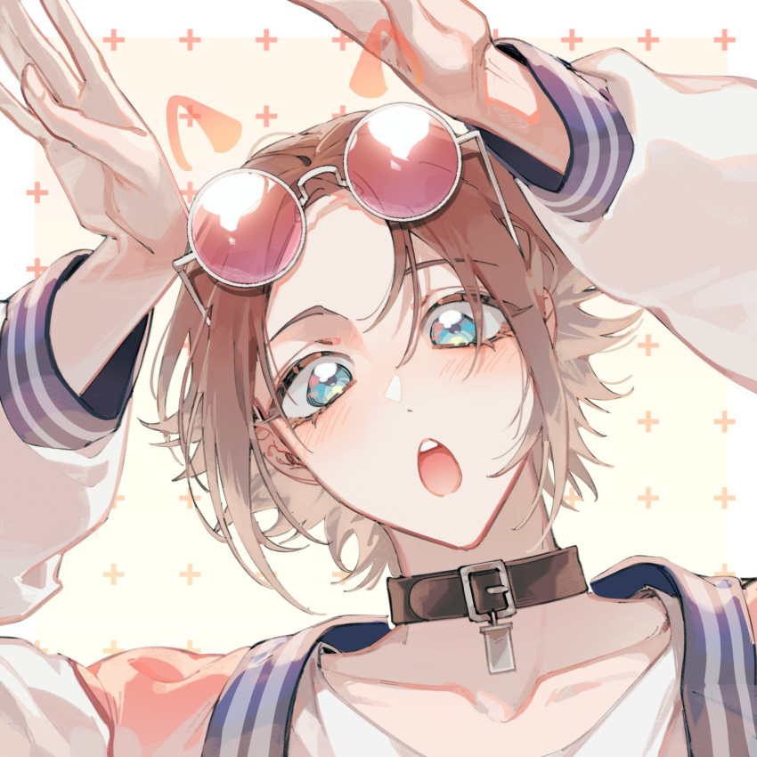 1boy :o animal_collar animal_ears arms_up black_collar blue_eyes brown_hair bunny_pose collar collarbone commission drawn_ears eyewear_on_head fox_ears head_tilt highres long_sleeves looking_at_viewer male_focus mysta_rias nijisanji nijisanji_en open_mouth pink-tinted_eyewear portrait round_eyewear second-party_source short_hair solo sophia49798221 sunglasses tinted_eyewear virtual_youtuber white_background