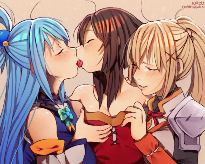 3girls aqua_(konosuba) armor artist_name bangs bare_shoulders black_bodysuit blonde_hair blue_hair blue_shirt bodysuit boobplate breast_grab breasts brown_hair choker cleavage closed_eyes collarbone commentary commission darkness_(konosuba) detached_sleeves dress english_commentary fff_threesome french_kiss frilled_choker frills grabbing groping group_sex hair_ornament hair_rings hand_on_another's_shoulder highres kiss kono_subarashii_sekai_ni_shukufuku_wo! large_breasts long_hair megumin multiple_girls najucaju_naju no_headwear red_dress red_ribbon ribbon shirt short_hair short_hair_with_long_locks shoulder_armor sleeveless sleeveless_shirt small_breasts threesome tongue upper_body white_sleeves x_hair_ornament yuri