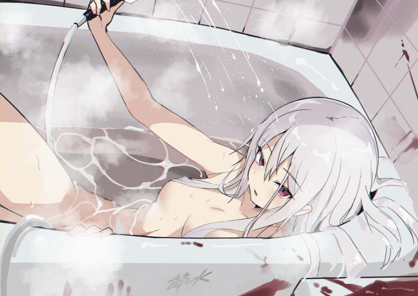 0shino 1girl absurdres bangs bathing blood breasts completely_nude convenient_censoring grey_hair hair_censor hair_over_breasts highres holding holding_shower_head indoors looking_at_viewer nude original parted_lips partially_submerged purple_eyes shower_head small_breasts solo striped tile_wall tiles vertical_stripes water