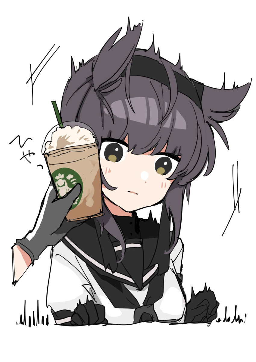 1girl bodysuit brown_eyes brown_hair closed_mouth cup disembodied_limb drinking_straw food food_on_face frappuccino gloves hair_horns hatsuzuki_(kancolle) headband highres holding holding_cup kantai_collection sayuwan school_uniform serafuku simple_background solo starbucks surprised white_background