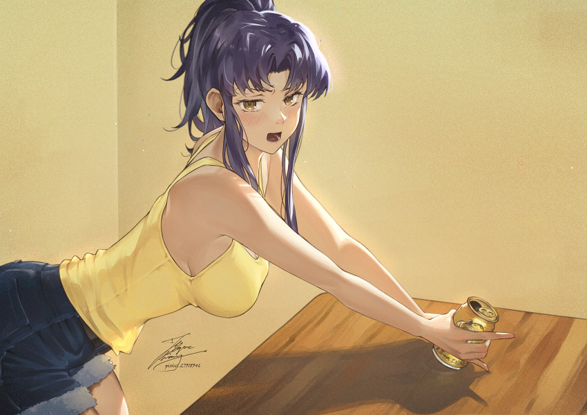 1girl bare_shoulders beer_can bent_over blush breasts can drunk fadingz hanging_breasts katsuragi_misato long_hair looking_at_viewer neon_genesis_evangelion ponytail purple_hair shorts sideboob sidelocks signature solo table tank_top yellow_eyes