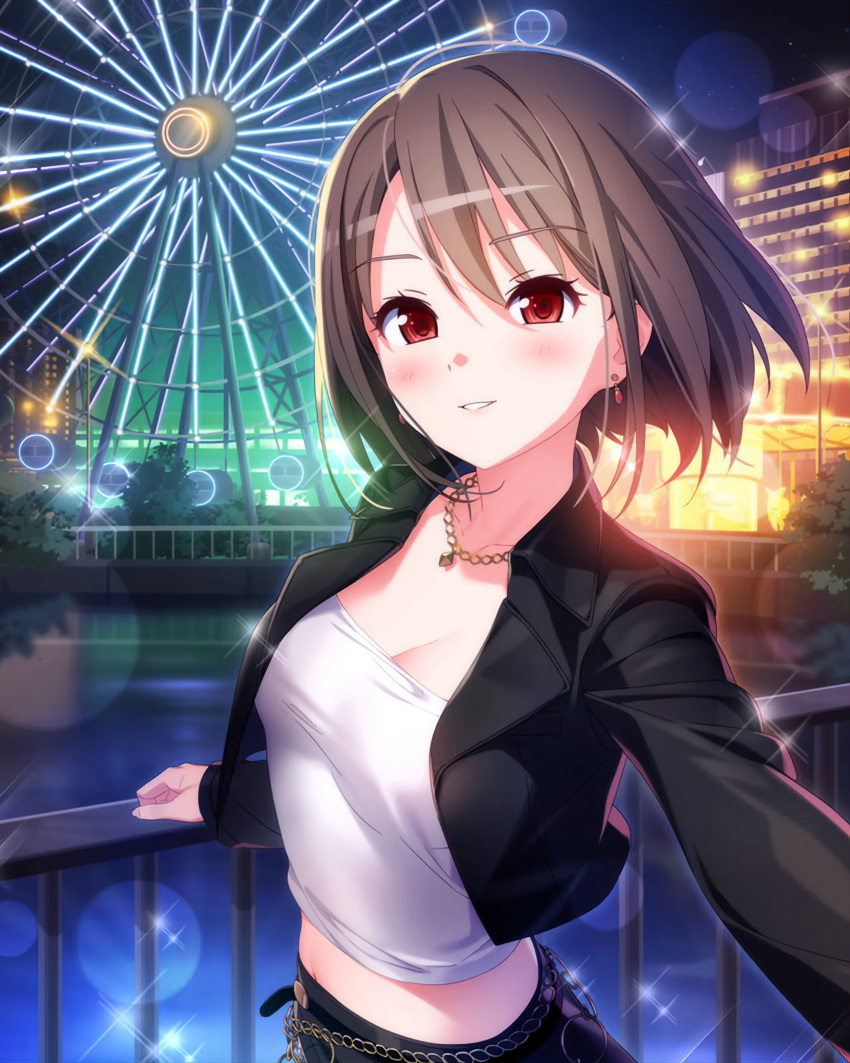 1girl absurdres blush breasts bridge brown_hair building cleavage earrings ferris_wheel highres idol_wars_z jewelry lens_flare long_sleeves looking_at_viewer necklace night official_art outdoors railing red_eyes shirt short_hair small_breasts solo standing strapless third-party_source tojo_seira tube_top white_shirt