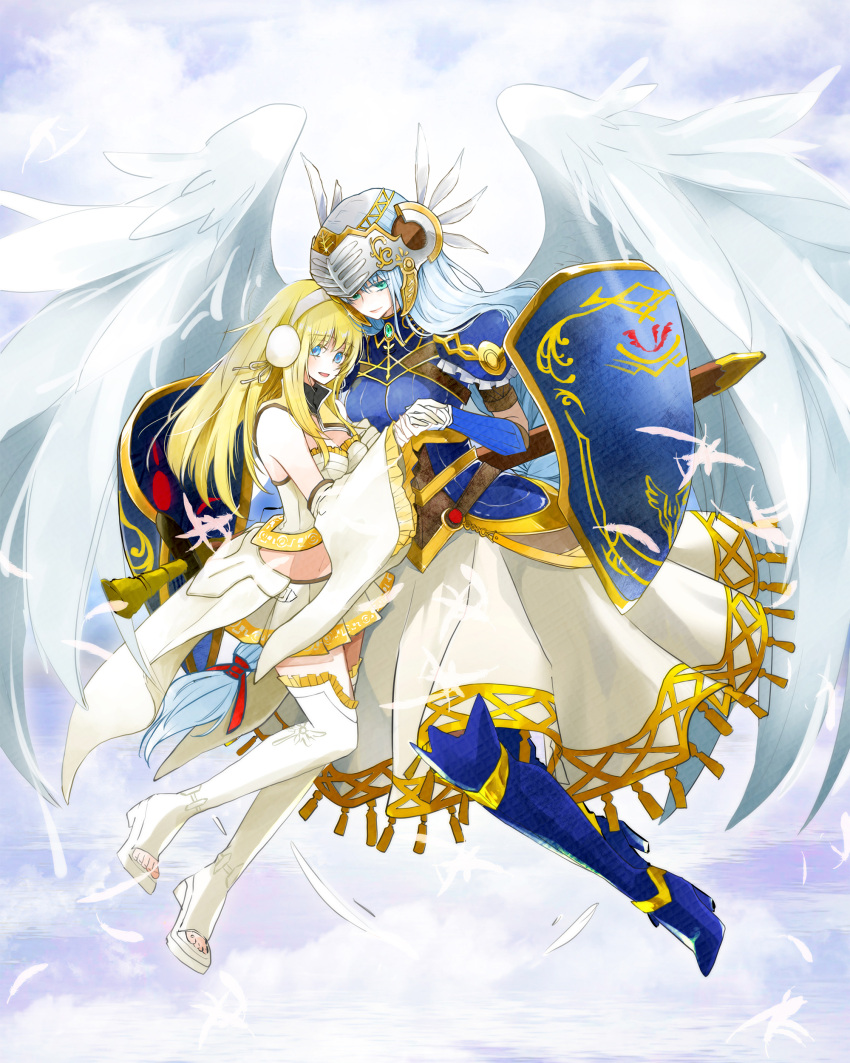 2girls absurdres armor armored_dress blonde_hair blue_armor boots evelysse_(star_ocean) feathered_wings helmet highres lenneth_valkyrie long_hair low-braided_long_hair multiple_girls ponyo_soa shoulder_armor shoulder_pads star_ocean star_ocean_anamnesis valkyrie valkyrie_profile white_hair winged_helmet wings