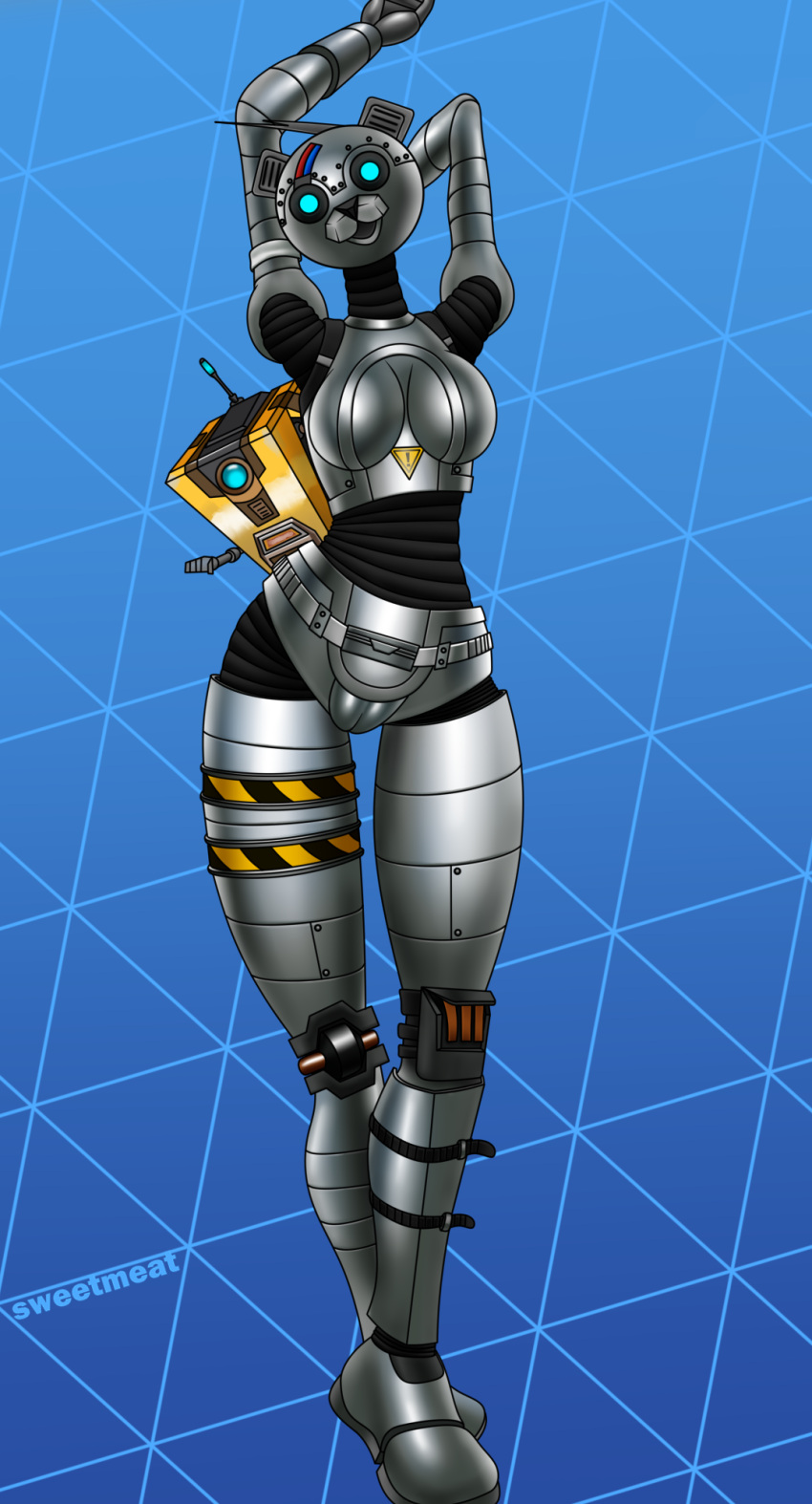 anthro biped blue_eyes epic_games female fortnite genitals glistening glistening_body hi_res machine mammal metal_team_leader metallic_body pussy robot simple_background solo sweetmeat ursid video_games