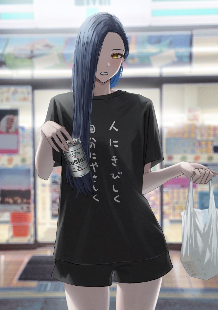 1girl asymmetrical_hair backlighting bag beer_can black_shorts blue_hair blush can clenched_teeth clothes_writing cow forehead grocery_bag hair_over_one_eye hara_kenshi highres holding holding_bag holding_can long_hair looking_at_viewer original outdoors parted_lips shopping_bag short_shorts short_sleeves shorts solo supermarket teeth translation_request yellow_eyes