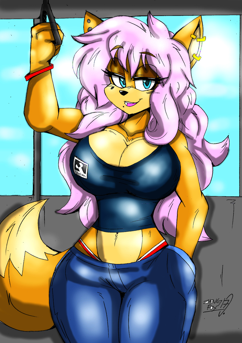 2018 akatsukishiranui-fox anthro artist_name beauty_mark big_breasts blue_eyes bottomwear breasts brown_body brown_fur canid canine cleavage clothed clothing curvaceous curvy_figure denim denim_clothing detailed_background digital_drawing_(artwork) digital_media_(artwork) ear_piercing ear_ring eyelashes female fingers fluffy fluffy_tail fox fur hair hand_in_pocket hi_res hourglass_figure inside inside_train jeans looking_at_viewer mammal markings midriff mole_(marking) multicolored_body multicolored_fur nidia_rose pants piercing pink_hair pockets ring_piercing shirt signature small_waist smile solo tan_body tan_fur tank_top thick_thighs thong_straps topwear two_tone_body two_tone_fur voluptuous wide_hips