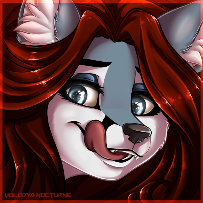 anthro canid canine canis female hair hi_res icon language licking mammal red_hair renita smile solo tongue tongue_out volodyanocturne wolf