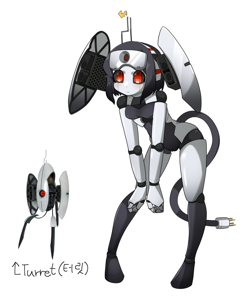 1girl absurdres antennae black_hair black_sclera cable cable_tail colored_sclera colored_skin commentary_request full_body gomulgong highres humanoid_robot joints leaning_forward mechanical_tail personification portal_(series) red_eyes reference_inset robot_joints short_hair solo standing tail turret_(portal) white_background white_skin