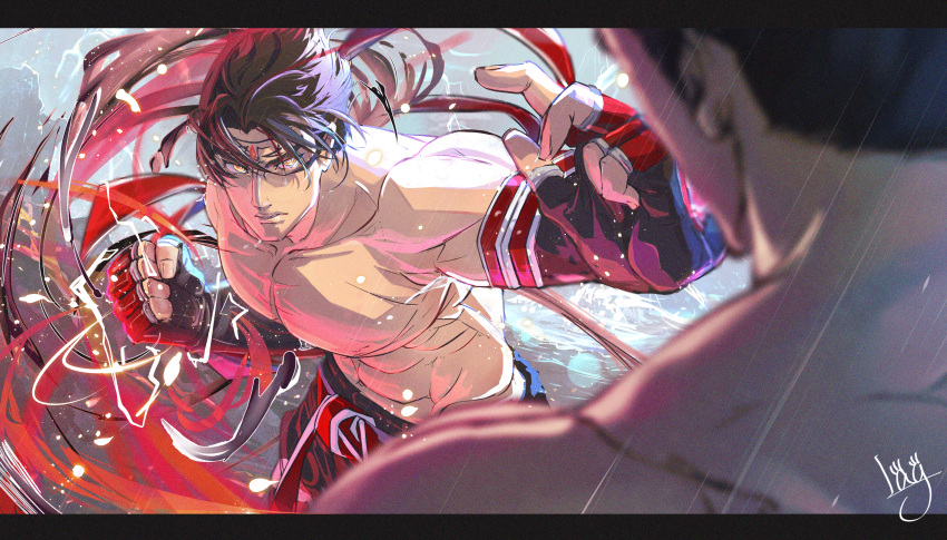 2boys abs absurdres battle black_gloves black_hair electricity facial_mark father_and_son fingerless_gloves forehead_jewel forehead_mark gloves highres kazama_jin lag_(wo76_a) male_focus mishima_kazuya multiple_boys muscular muscular_male rain signature spiked_hair tekken topless_male yellow_eyes