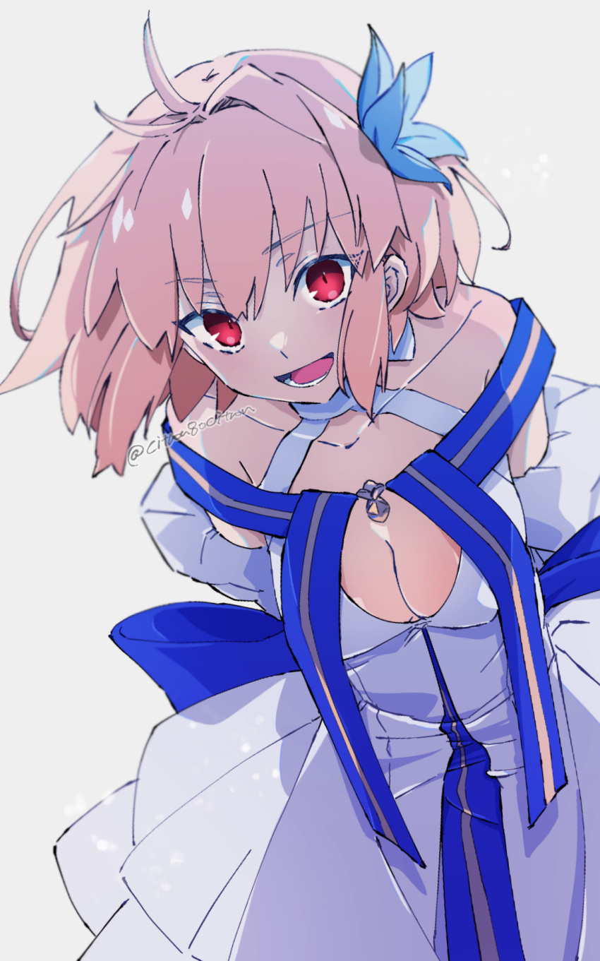 1girl :d arcueid_brunestud breasts citron80citron cleavage collarbone fate/grand_order fate_(series) flower hair_between_eyes hair_flower hair_intakes hair_ornament halterneck highres leaning_forward looking_at_viewer medium_hair red_eyes simple_background smile solo tsukihime tsukihime_(remake) white_background