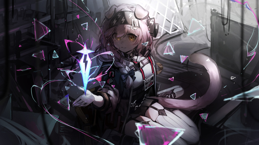 1girl animal_ears arknights black_bow black_footwear black_hairband black_jacket black_skirt bow braid cat_ears cat_girl cat_tail floppy_ears garter_straps goldenglow_(arknights) hair_bow hair_ornament hairband hairclip highres id_card jacket lanyard libiadan light_smile lightning_bolt_print long_hair looking_at_viewer open_clothes open_hand open_jacket originium_arts_(arknights) print_bow print_hairband scissors shirt shoes sitting skirt solo tail thighhighs wariza white_shirt white_thighhighs yellow_eyes
