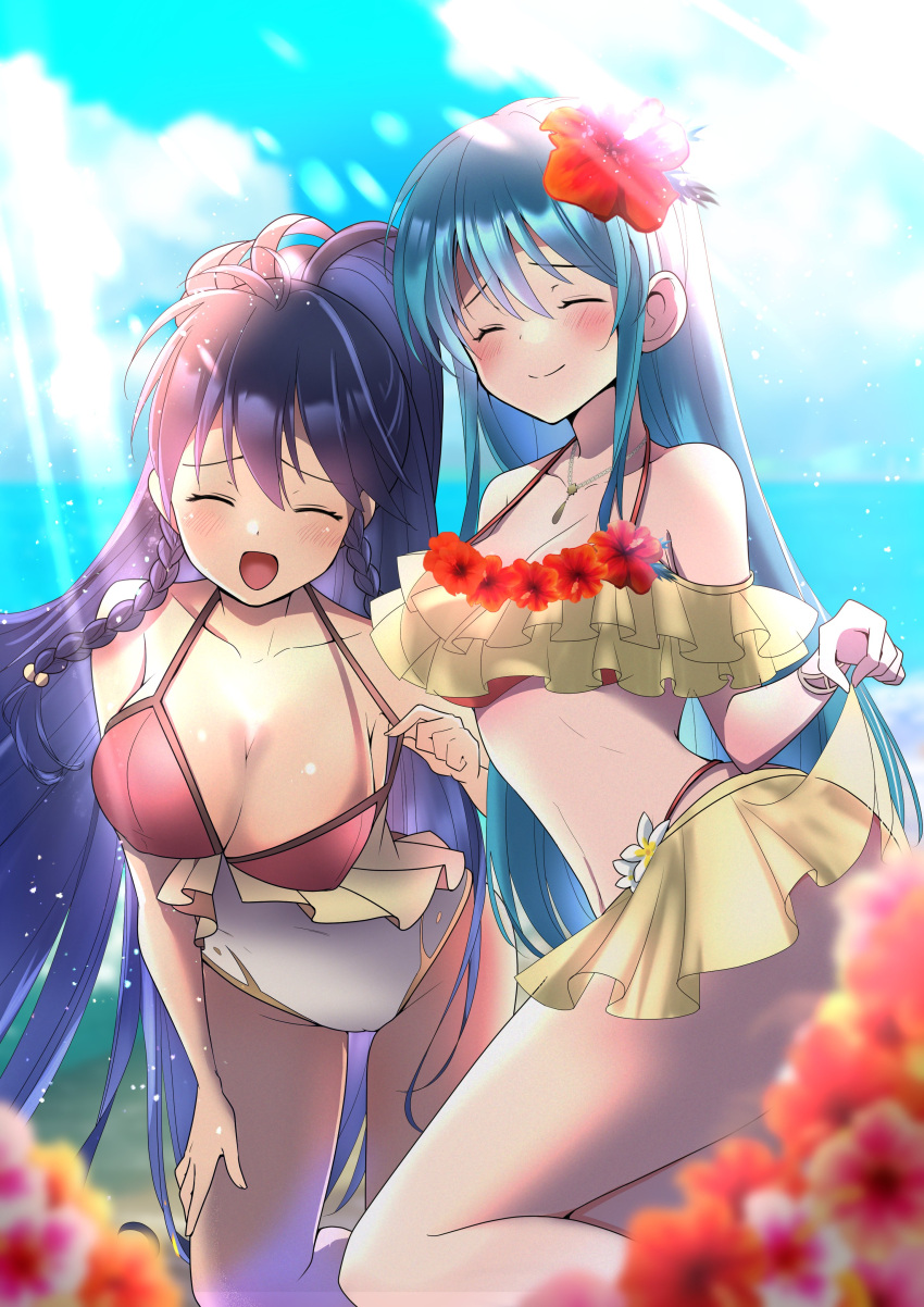 2girls :d absurdres aqua_hair ass azusa_(azchemist63) babybreath63 bare_shoulders bikini blue_hair blush braid breasts cameltoe cleavage closed_eyes collarbone covered_navel eirika_(fire_emblem) fire_emblem fire_emblem:_the_sacred_stones fire_emblem_heroes flower hibiscus highres jewelry large_breasts layered_bikini leaning_forward long_hair looking_at_viewer medium_breasts multiple_girls necklace official_alternate_costume one-piece_swimsuit open_mouth ponytail skirt_hold smile sunlight swimsuit tana_(fire_emblem) twin_braids twintails two-tone_bikini very_long_hair white_one-piece_swimsuit yellow_bikini