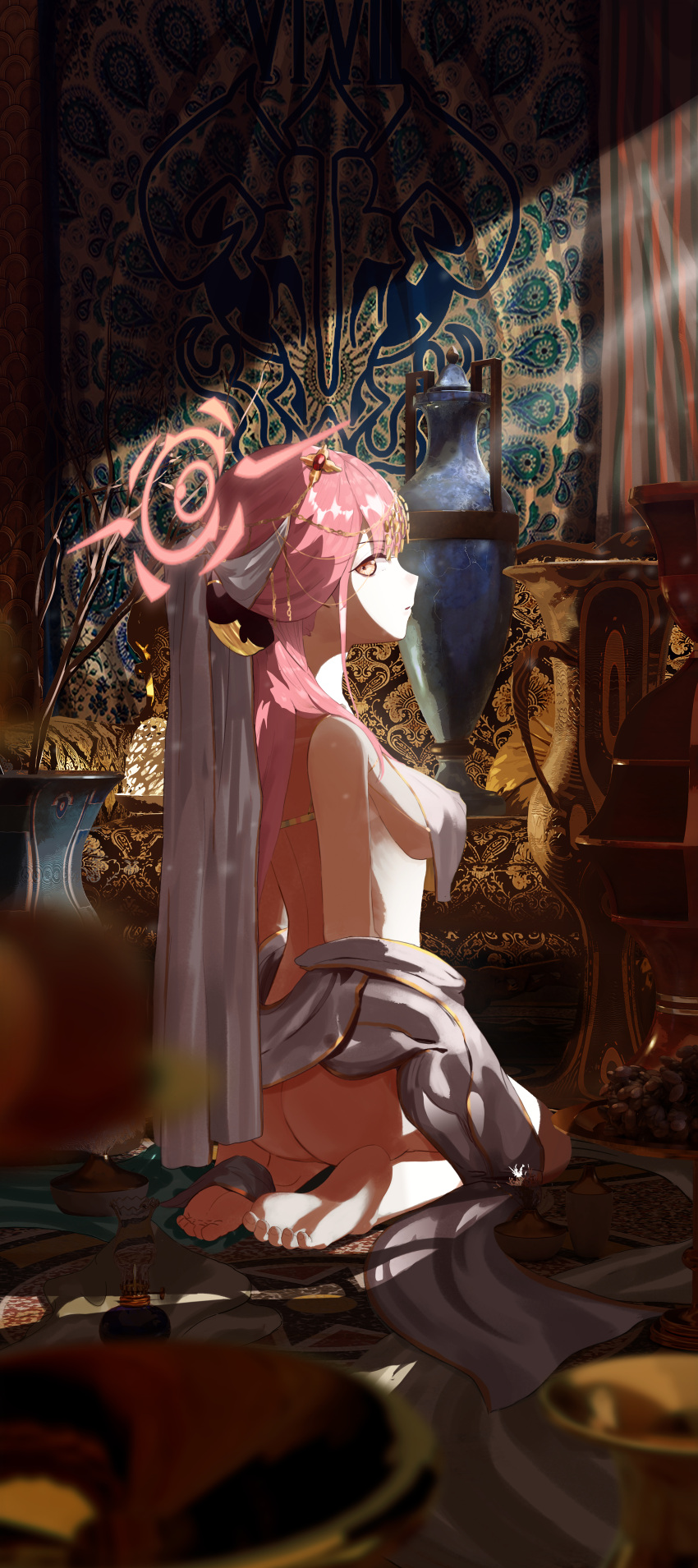 1girl absurdres aru_(blue_archive) ass bare_shoulders barefoot blue_archive bottomless breast_curtains breasts circlet from_behind halo highres horns indoors light_rays long_hair looking_at_viewer looking_back medium_breasts on_floor open_clothes parted_lips pink_hair red_eyes ryeon_(bluetom1) seiza sideboob sitting solo vase veil