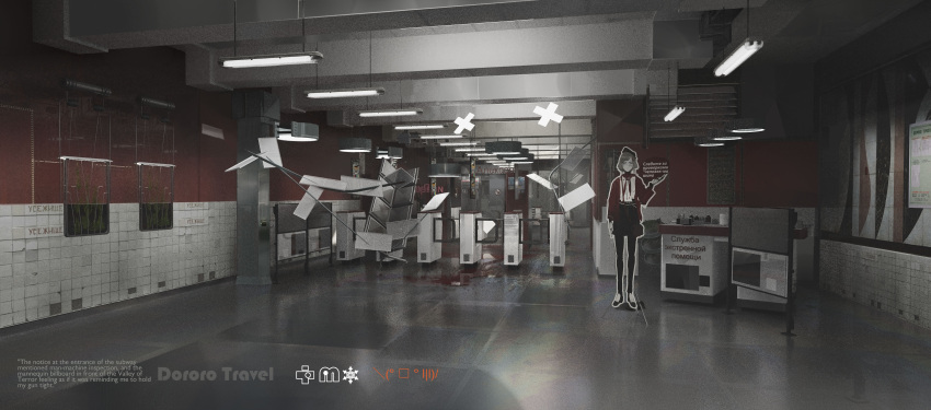 absurdres blood blood_on_ground cardboard_cutout debris destruction euroroyan highres light no_humans original russian_text scenery science_fiction subway_station