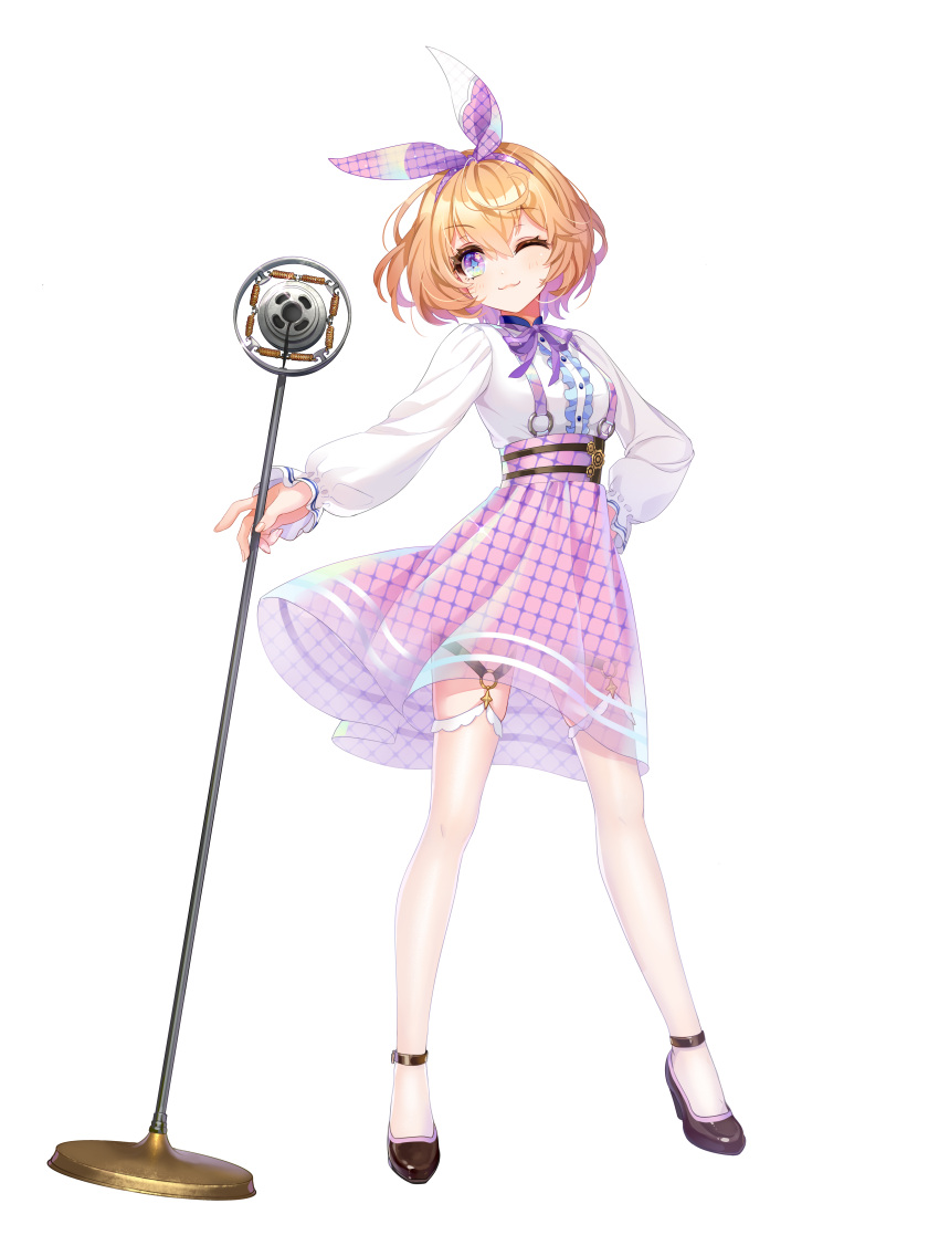 1girl ;3 absurdres ankle_strap black_footwear bob_cut cross-shaped_pupils frilled_shirt frilled_sleeves frilled_thighhighs frills full_body gears gradient_eyes grid hair_ribbon hand_on_hip high_heels highres holding holding_microphone_stand kino_(nebula_beat) legwear_garter long_sleeves looking_at_viewer microphone_stand multicolored_eyes nebula_beat neck_ribbon official_art one_eye_closed orange_hair puffy_long_sleeves puffy_sleeves purple_eyes purple_ribbon purple_skirt ribbon see-through see-through_skirt shirt short_hair skirt solo sparkling_eyes standing suspender_skirt suspenders thighhighs virtual_youtuber white_background white_shirt white_thighhighs zettai_ryouiki