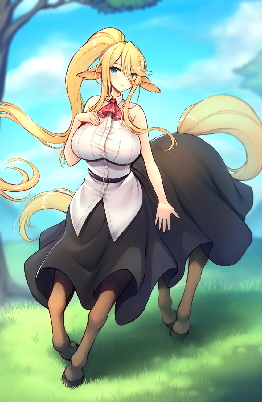 1girl animal_ears ascot bangs bare_shoulders belt black_belt black_skirt blonde_hair blue_eyes blue_sky breasts centaur centorea_shianus closed_mouth cloud collared_shirt commentary crunchobar day full_body grass hair_between_eyes hand_on_own_chest highres horse_ears horse_tail large_breasts long_hair long_tail looking_to_the_side monster_girl monster_musume_no_iru_nichijou multiple_legs pointy_ears ponytail red_ascot shadow shirt sidelocks skirt sky sleeveless sleeveless_shirt smile solo standing tail taur taut_clothes taut_shirt tree very_long_hair white_shirt